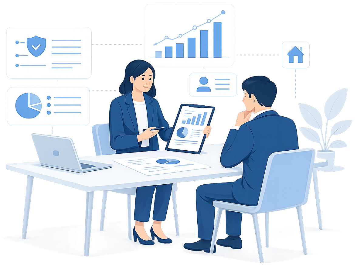 전문가가 재무설계 상담을 진행하는 일러스트