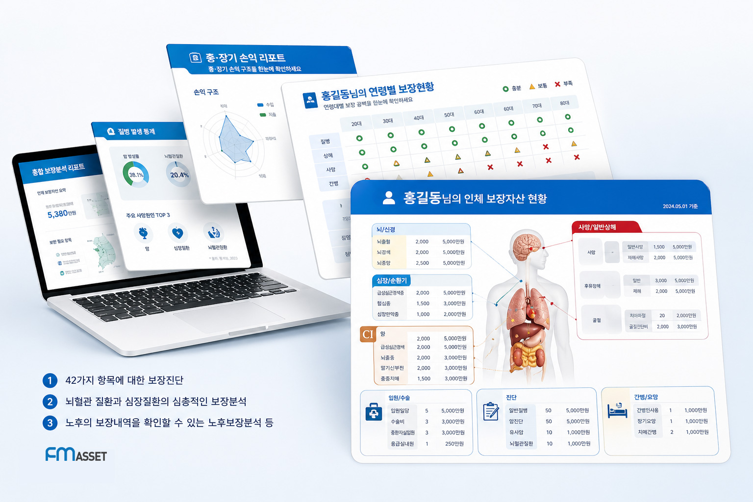 FM에셋 보장진단 자료 견본 (인체 보장자산 현황·차트·세부 보장)
